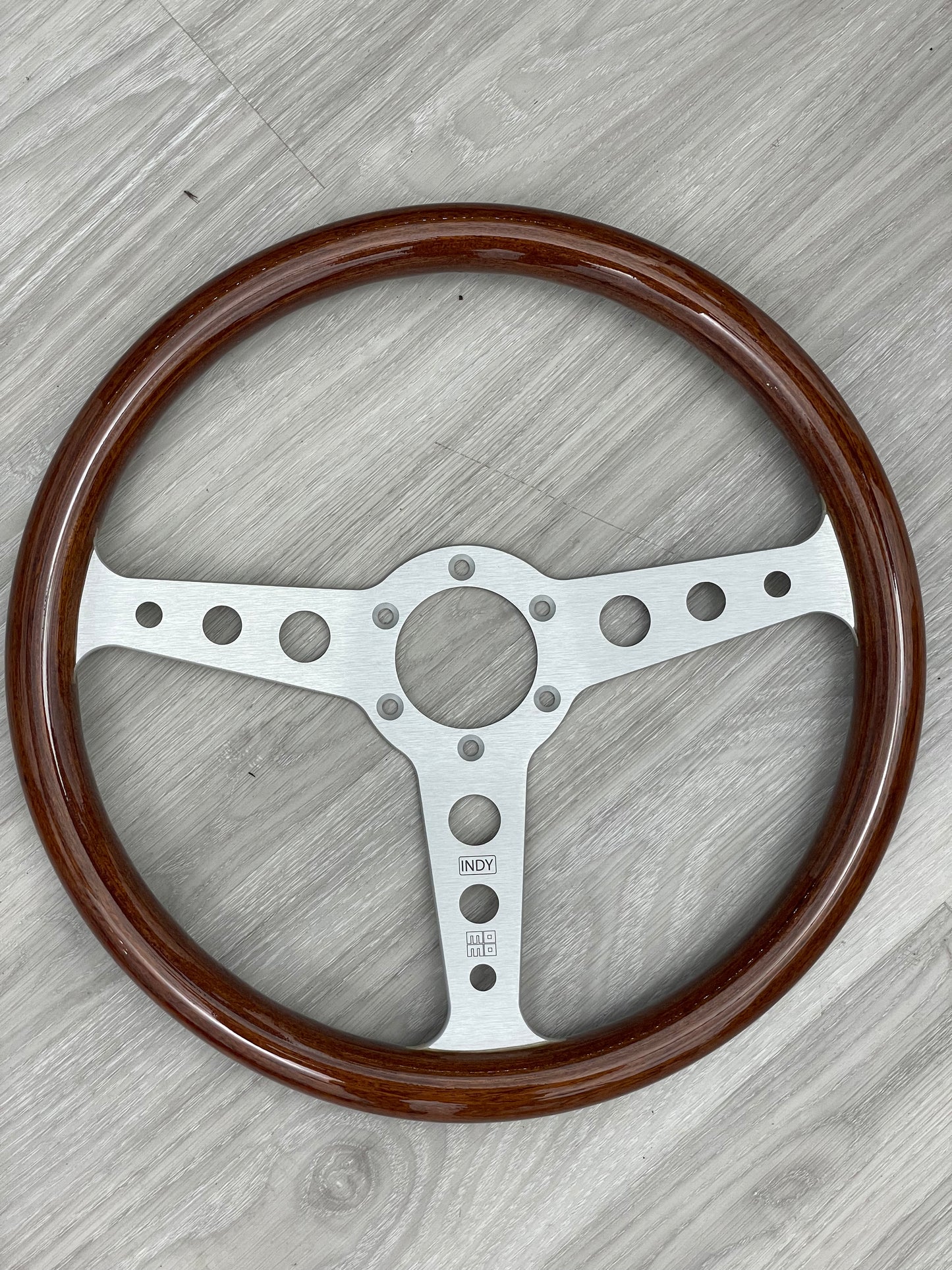 MOMO Heritage Indy Steering Wheel Mahogany Wood Silver Spokes 350mm NEW!!!